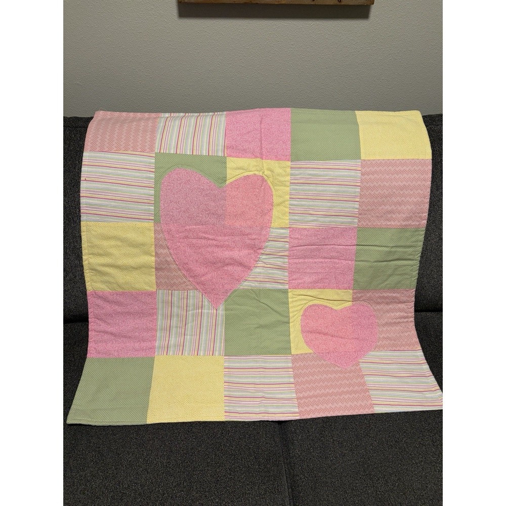 Handmade Patchwork Quilt Throw 33"Sq Pink Appliqué Hearts Green Yellow Nursery